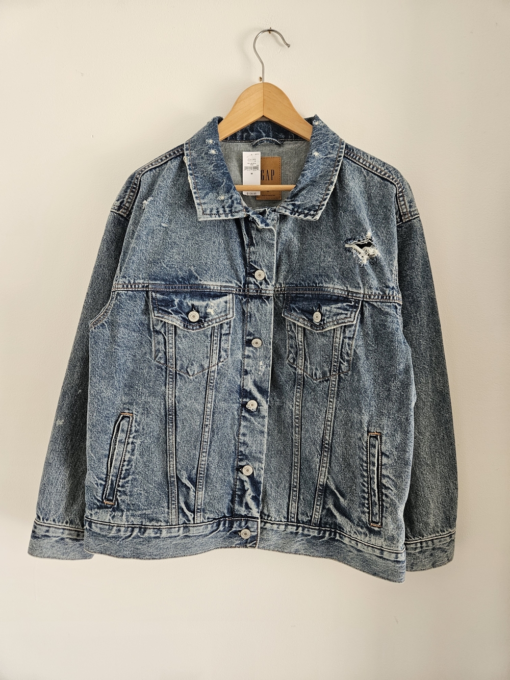 GAP Denim Jean Jacket Medium Light Wash Distressed Look Oversized NWT
